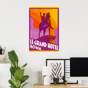 Vintage Travel, Statue Le Grand Hotel Roma, Italie Poster