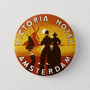 Vintage Travel, Victoria Hotel, Amsterdam, Holland Button