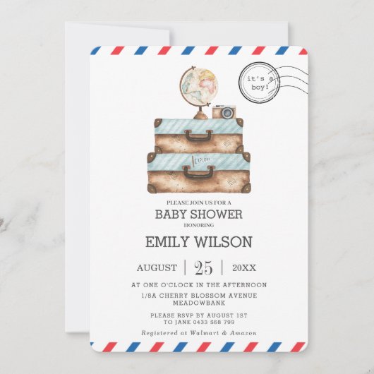 Vintage Travel Voyage Adventure Baby Shower Boy Einladung (Vorderseite)