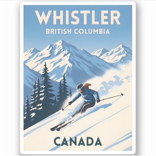 Vintage Travel Whistler British Columbia Skiing Aufkleber (Vorderseite)