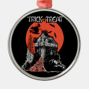 Vintage Trick-oder Leckerei-Hexe und Spuk Haus Ornament Aus Metall