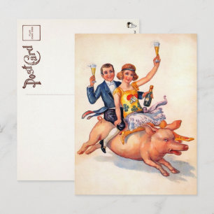 Vintage Trinkende Paar Reitet Auf Einem Schwein Po Postkarte
