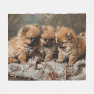 Vintage-Trio von Pomeranian-Welpen Fleecedecke
