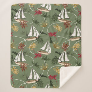 Vintage tropical leaves, boat, and sailor rope sea sherpadecke