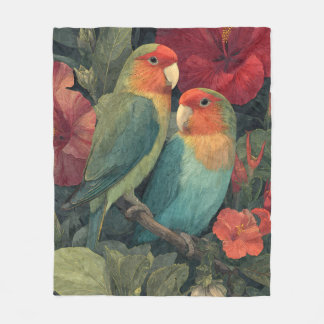 Vintage Tropical Lovebirds Floral Fleece Blanket