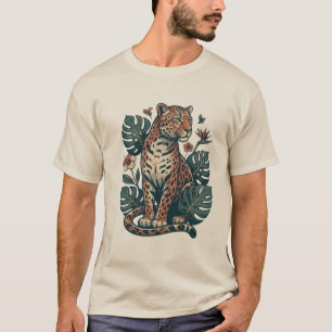 Vintage-Tropische-Leoparden- und Monstera-Blätter T-Shirt