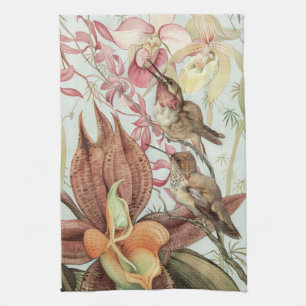 Vintage tropische Orchideen, Blumen und Kolibris Geschirrtuch