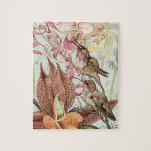 Vintage tropische Orchideen, Blumen und Kolibris Puzzle