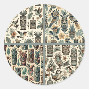Vintage tropische Tiki-Masken und graugrüne Vögel Runder Aufkleber