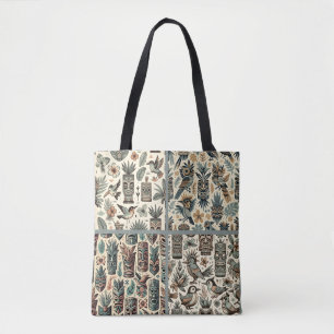 Vintage tropische Tiki-Masken und graugrüne Vögel Tasche