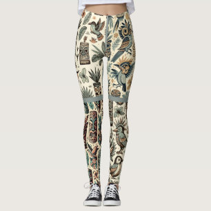 Vintage Tropische Tiki-Masken und Vögel Grau Grün Leggings