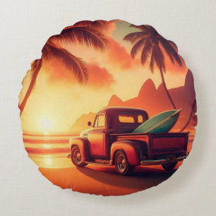 vintage tropischer/hawaiianischer Surf-Truck Rundes Kissen