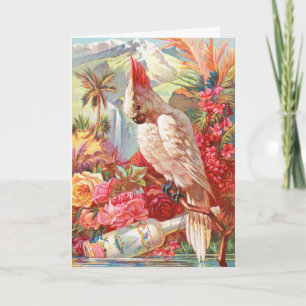 Vintage Tropischer Kakadu & Rose Botanische Kunst Feiertagskarte