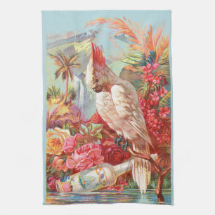 Vintage Tropischer Kakadu & Rose Botanische Kunst Geschirrtuch