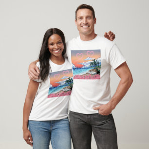 Vintage-Tropischer-Strand-Sonnenuntergang-Herzen-T T-Shirt