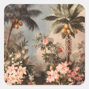 Vintage-Tropisches Paradies mit Palmen Quadratischer Aufkleber