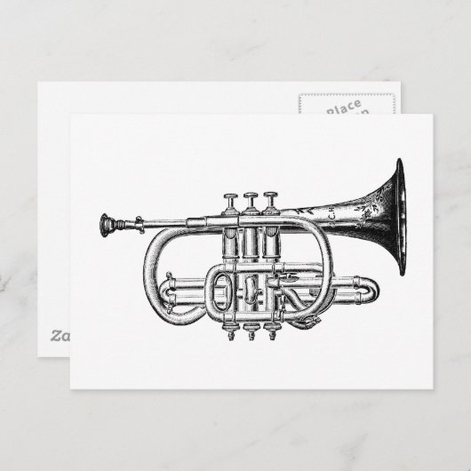 Vintage Trumpet-Holzgravur Postkarte (Vorne/Hinten)