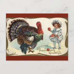 Vintage Truthahn und Kind mit Äpfeln Thanksgiving Postkarte