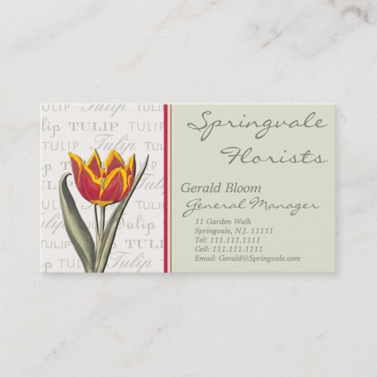 Vintage Tulpe-Geschäfts-Karte für Floristen, Visitenkarte (Vorderseite)