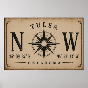 Vintage Tulsa Oklahoma Koordinaten Kompass Poster