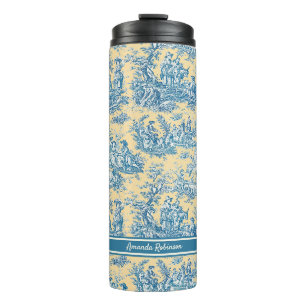 Vintage Türkis Gelbe Französische Toile de Jouy Thermosbecher