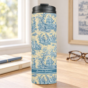 Vintage Türkis Gelbe Französische Toile de Jouy Thermosbecher