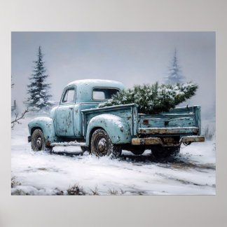 Vintage Türkis Lastwagen mit Weihnachtsbaum Poster