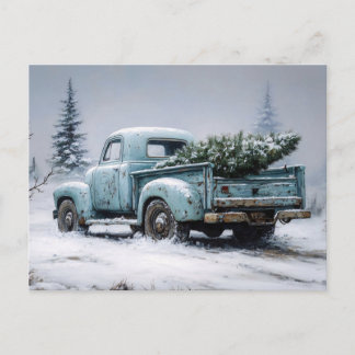 Vintage Türkis Lastwagen mit Weihnachtsbaum Postkarte