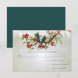 Vintage Türkis Liebesvögel Rote Blüte Graue Hochze RSVP Karte