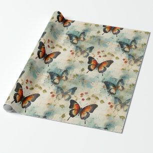 Vintage Türkis Orange Schmetterling Botanik Geschenkpapier