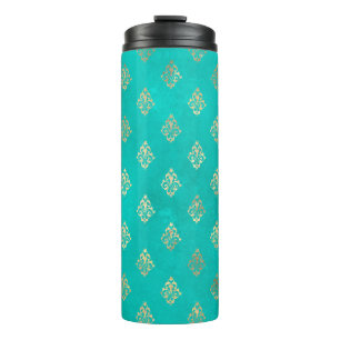 Vintage Türkis und Gold Pfau-Thema Damast Thermosbecher