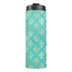 Vintage Türkis und Gold Pfau themed Damast Thermosbecher