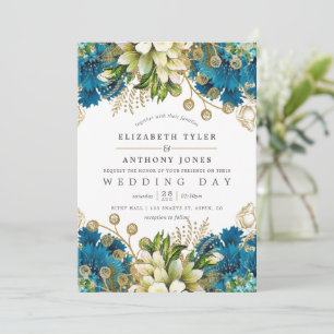 Vintage Türkis- und Gold-Shabby-Blumenhochzeit Einladung