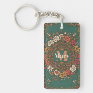 Vintage Türkisblauer Blumenmandala mit Kolibris un Schlüsselanhänger