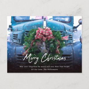 Vintage Türkisgrüner LKW mit Kranz Frohe Weihnacht Feiertagspostkarte