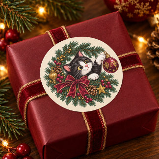 Vintage-Tuxedo-Katze-Weihnachten-Rund-Aufkleber Runder Aufkleber