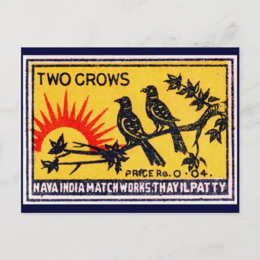 Vintage Two Crows Match Label Postkarte (Vorderseite)
