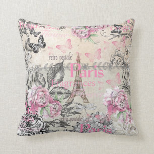 Vintage-Typo Schwarz Rosa Floral Paris Eiffelturm Kissen