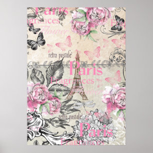 Vintage-Typo Schwarz Rosa Floral Paris Eiffelturm Poster