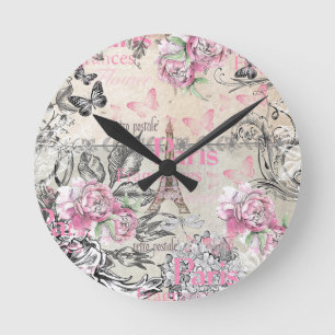 Vintage-Typo Schwarz Rosa Floral Paris Eiffelturm Runde Wanduhr