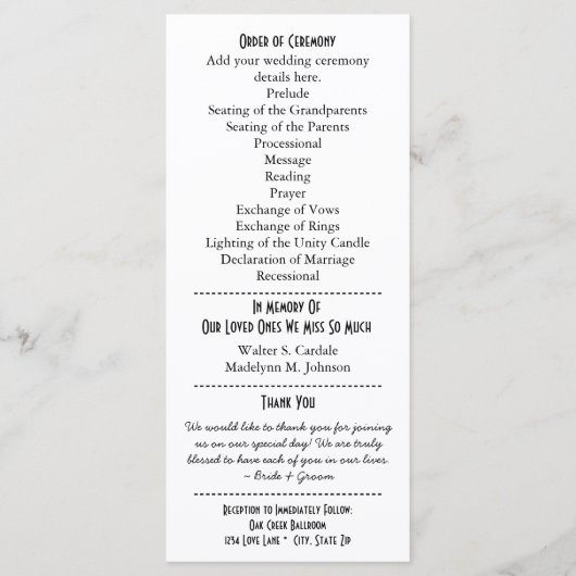 Vintage Typografie-Hochzeitsprogramme Programm (Rückseite)