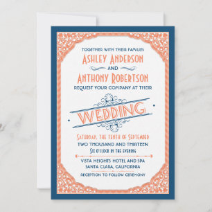 Vintage Typografie Navy Blue Coral White Wedding Einladung