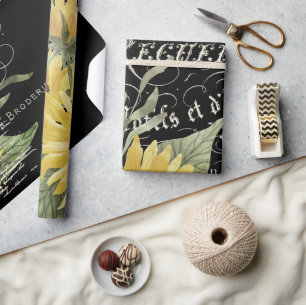 Vintage Typografie und Sonnenblumen auf schwarz Geschenkpapier