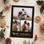 Vintage Typografie Winterorange Foto Weihnachten Folien Feiertagskarte<br><div class="desc">Diese schöne Urlaubsfotokarte zeigt Vintage typografische Lektüre,  "Frohe Weihnachten" in echter Folie,  zusammen mit drei Fotovorlagen. Die Rückseite der Karte enthält ein Vintages Design von Winterorangen und Blüten.</div>