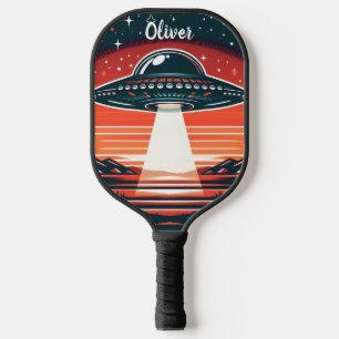 Vintage-UFO bei rotem Sonnenuntergang Personalisie Pickleball Schläger