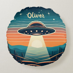 Vintage-UFO bei Sonnenuntergang Personalisiert Rundes Kissen