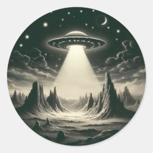 Vintage-UFO über Bergen Fliegende Untertasse Alien Runder Aufkleber