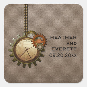 Vintage-Uhr-Hochzeitsaufkleber, Mocha Quadratischer Aufkleber