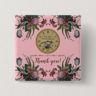 Vintage Uhr mit Blume Geburtstagsparty Button