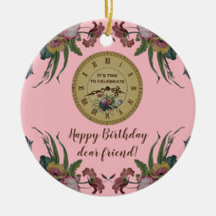 Vintage-Uhr mit Blumen Geburtstagsfeier Keramikornament
